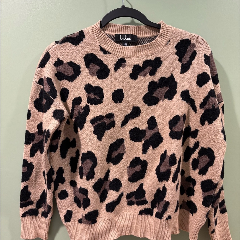 Lulu's Black and Tan Crew Neck Sweater with Leopard Print